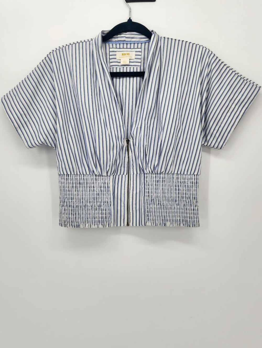 Anthropologie Maeve Tommie short sleeve zip front blouse smocked Striped Small
